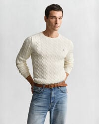 suéter de cuello redondo de punto trenzado de algodón - crema