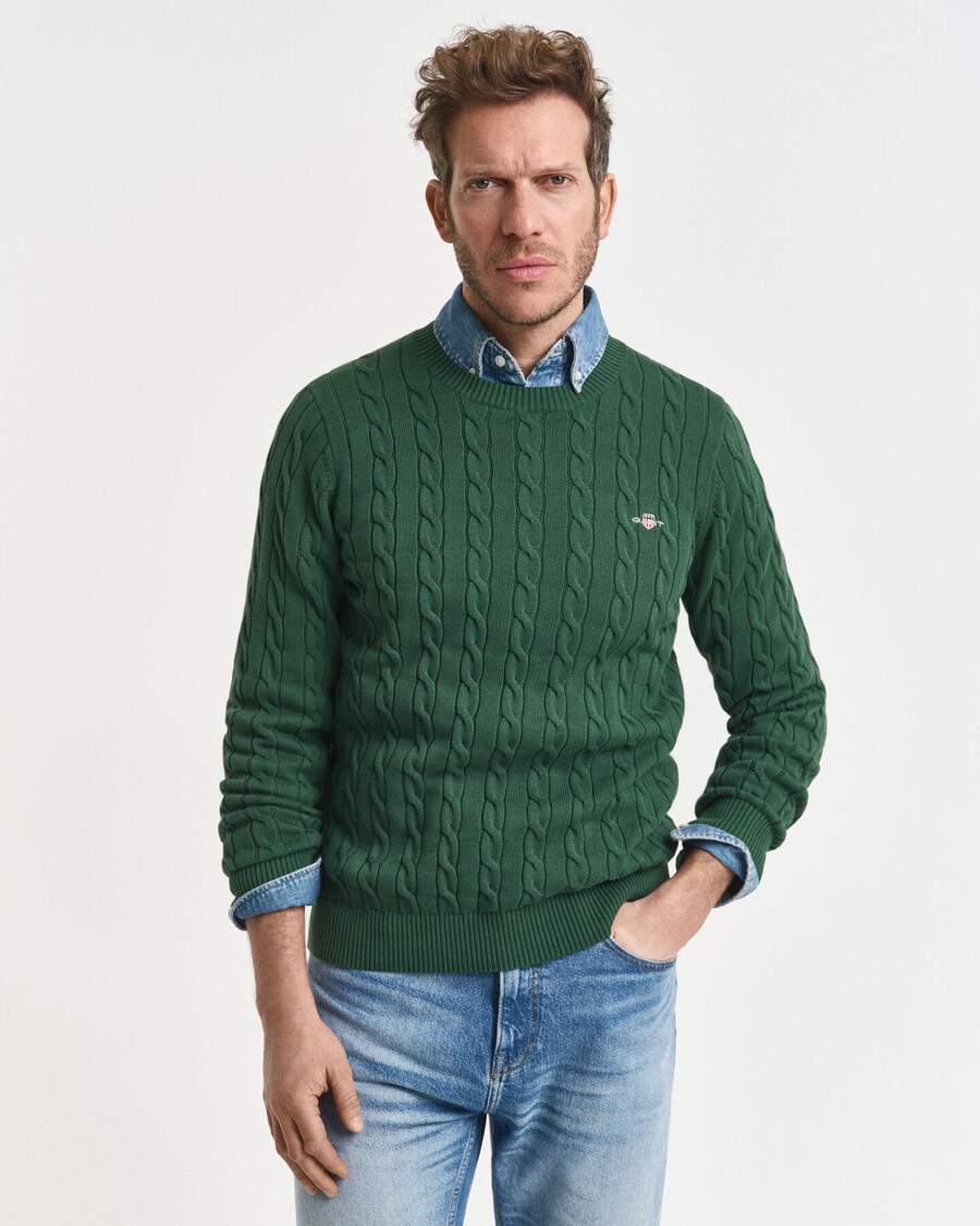 suéter de cuello redondo de punto trenzado de algodón - verde bosque
