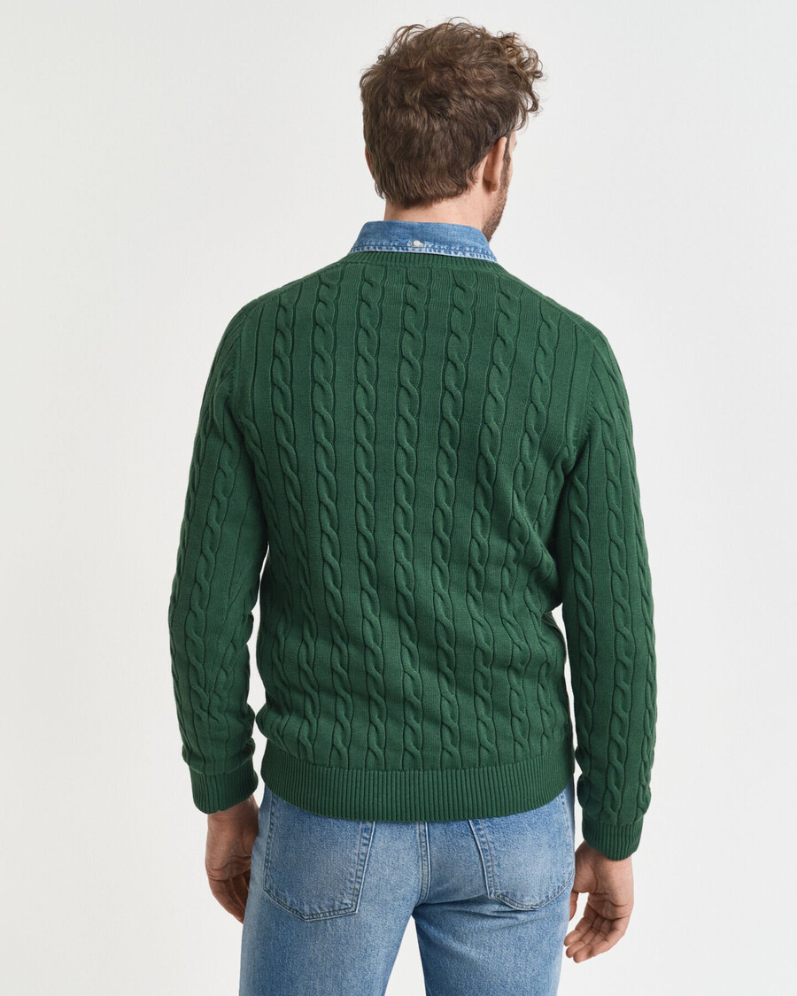 suéter de cuello redondo de punto trenzado de algodón - verde bosque