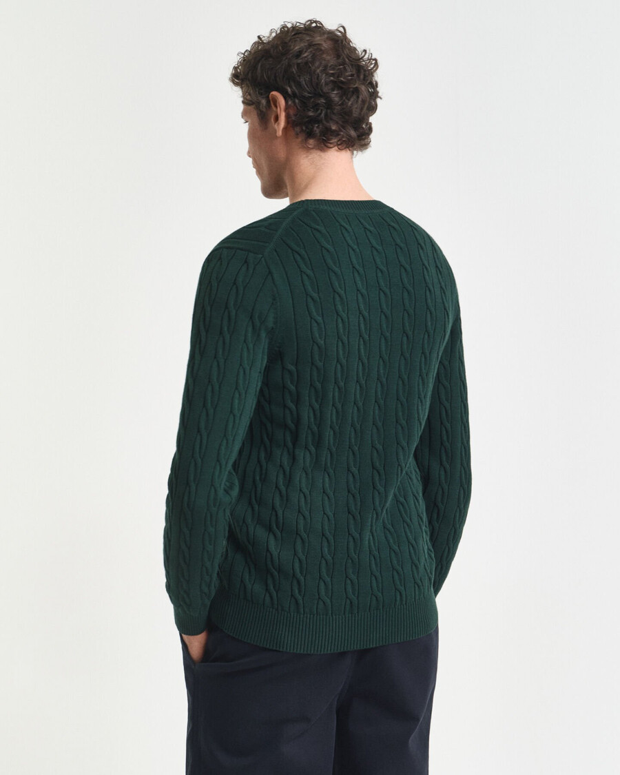 suéter de cuello redondo de punto trenzado de algodón - verde tartán