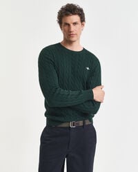 suéter de cuello redondo de punto trenzado de algodón - verde tartán