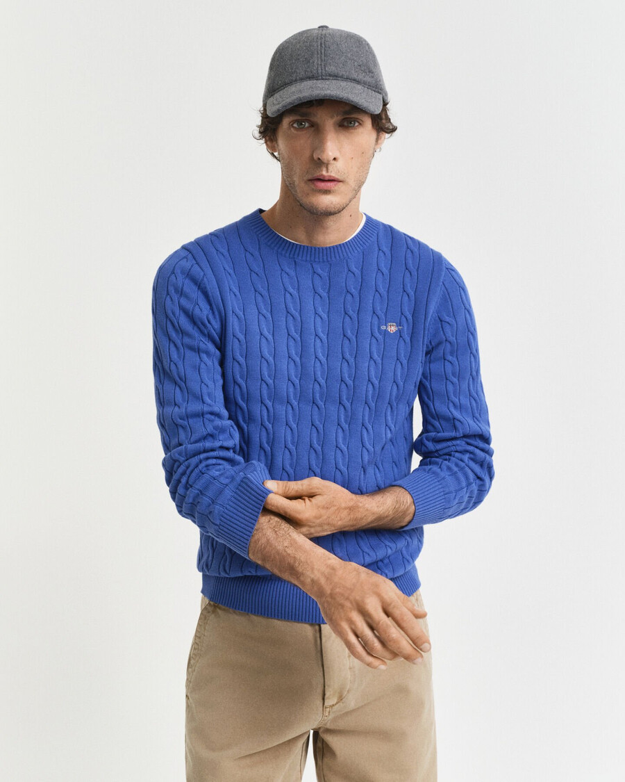 suéter de cuello redondo de punto trenzado de algodón - azul intenso