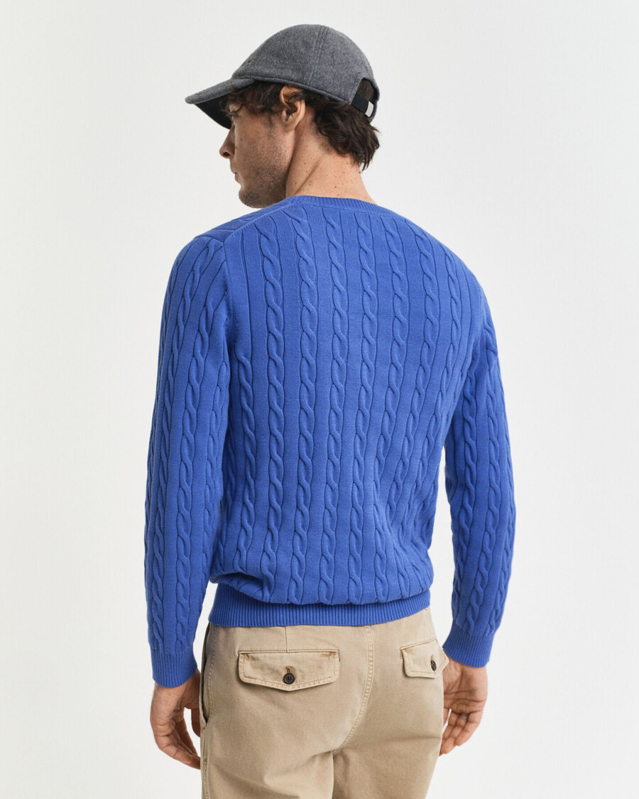 suéter de cuello redondo de punto trenzado de algodón - azul intenso