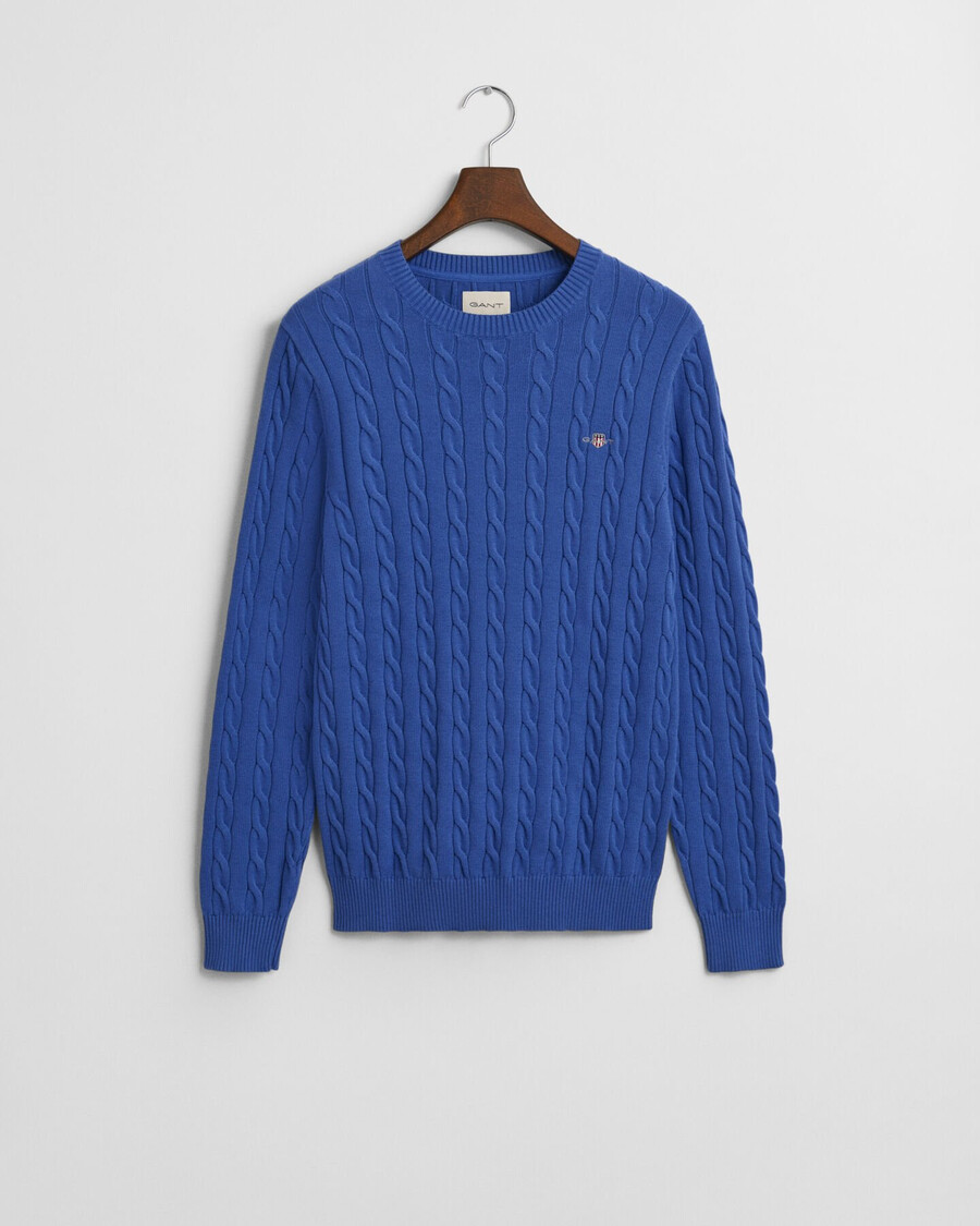 suéter de cuello redondo de punto trenzado de algodón - azul intenso