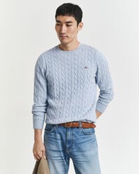 suéter de cuello redondo de punto trenzado de algodón - azul hielo jaspeado