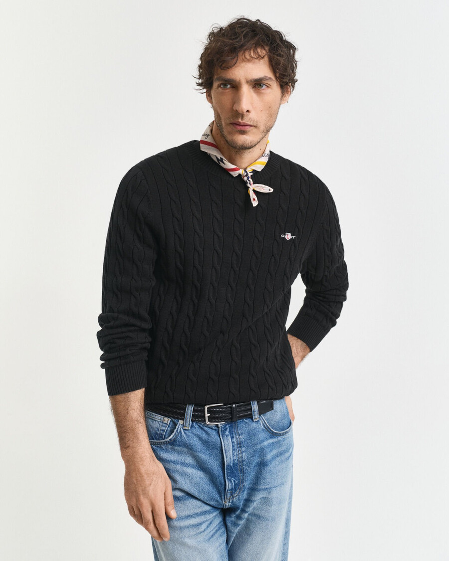 suéter de cuello redondo de punto trenzado de algodón - negro