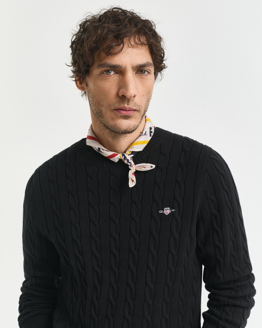 suéter de cuello redondo de punto trenzado de algodón - negro