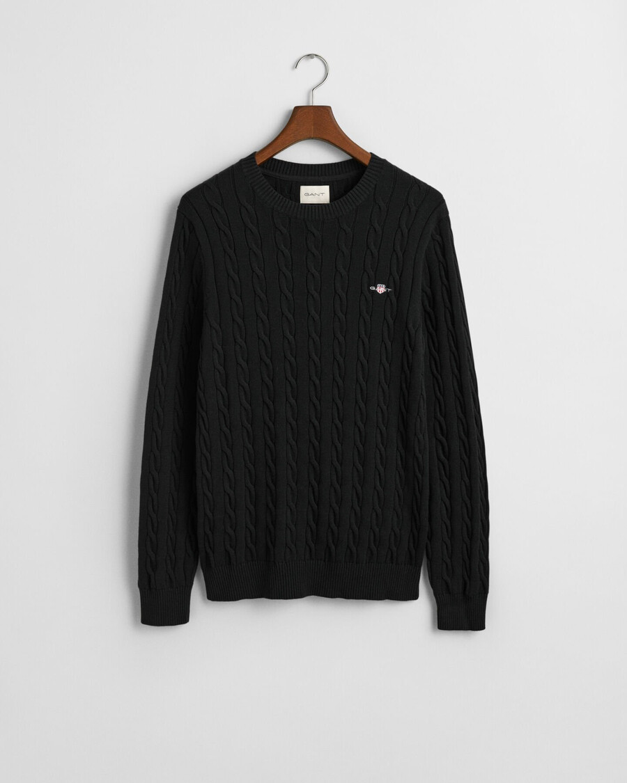 suéter de cuello redondo de punto trenzado de algodón - negro