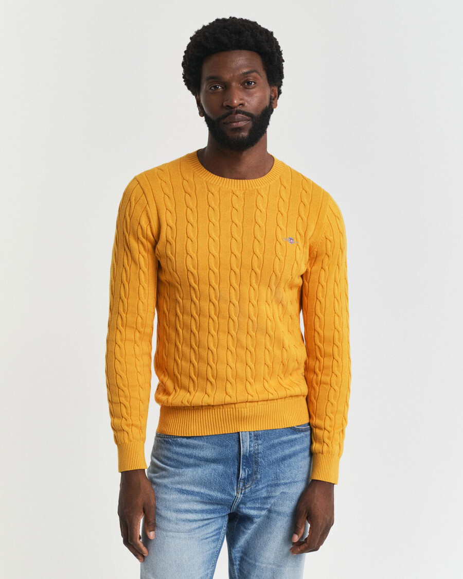 suéter de cuello redondo de punto trenzado de algodón - liquen amarillo