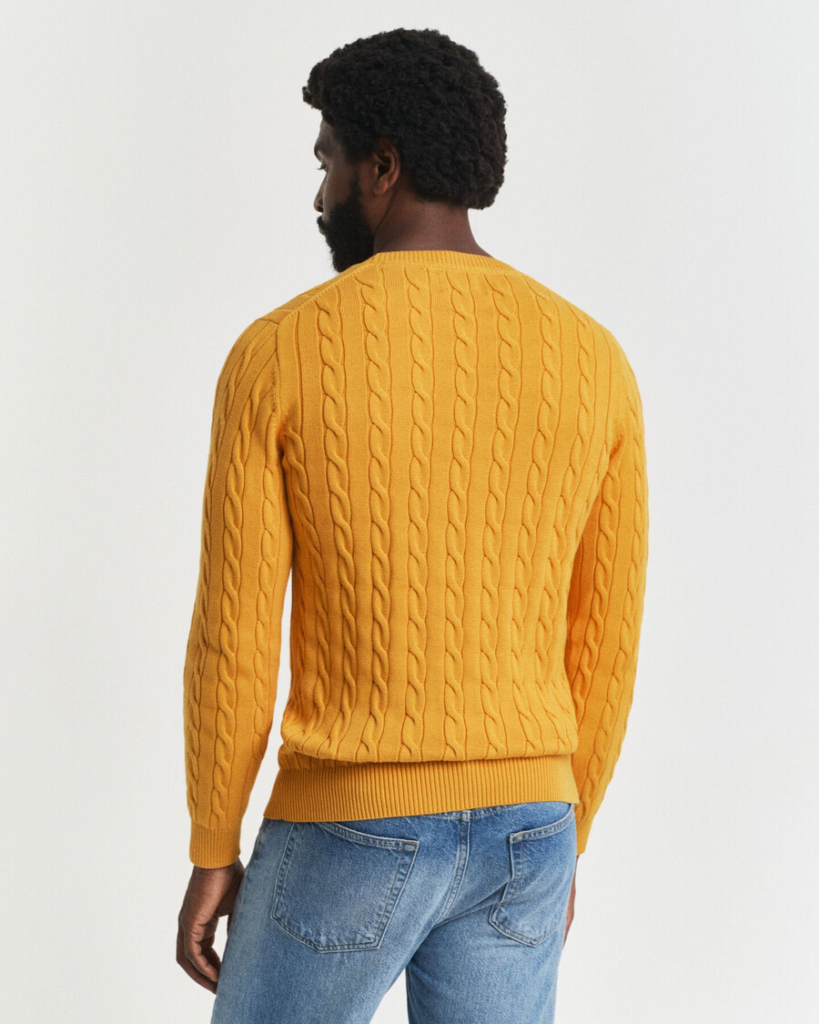 suéter de cuello redondo de punto trenzado de algodón - liquen amarillo