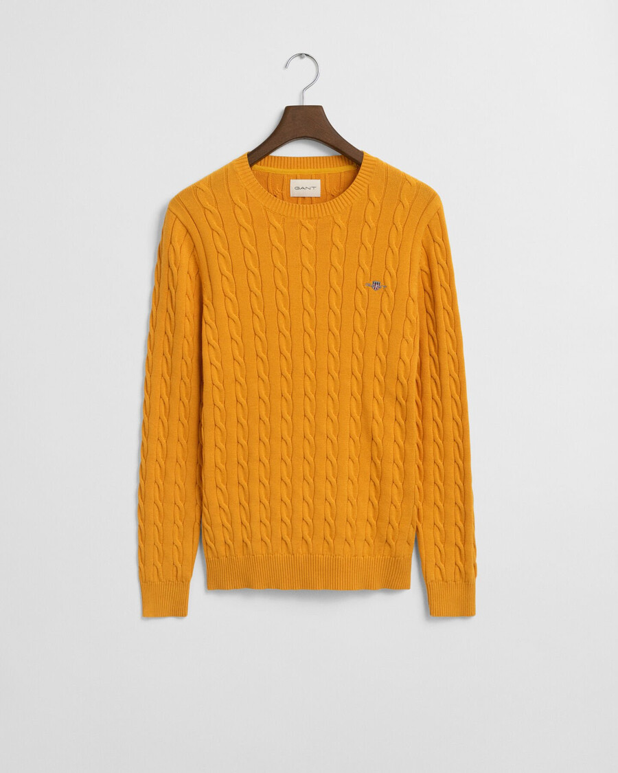 suéter de cuello redondo de punto trenzado de algodón - liquen amarillo
