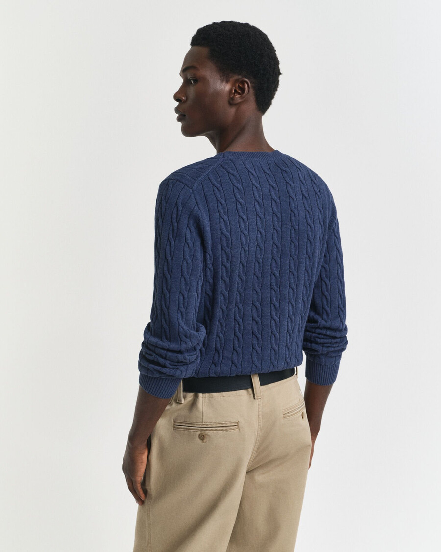 suéter de cuello redondo de punto trenzado de algodón - dk jeansblue melange