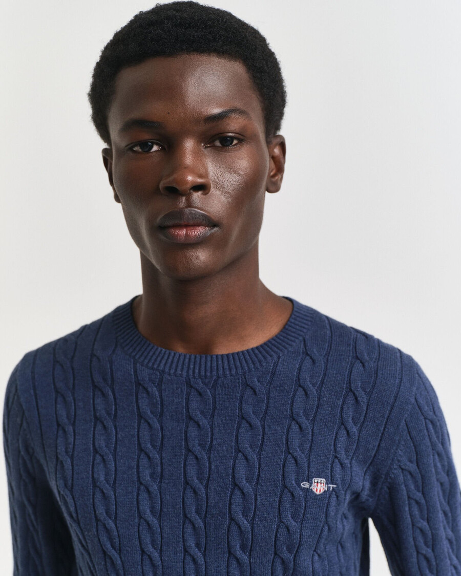 suéter de cuello redondo de punto trenzado de algodón - dk jeansblue melange