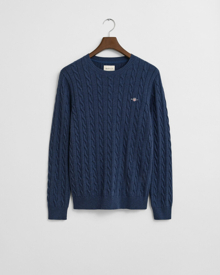 suéter de cuello redondo de punto trenzado de algodón - dk jeansblue melange