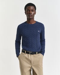 suéter de cuello redondo de punto trenzado de algodón - dk jeansblue melange