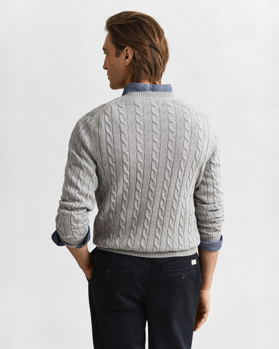 suéter de cuello redondo de punto trenzado de algodón - gris jaspeado