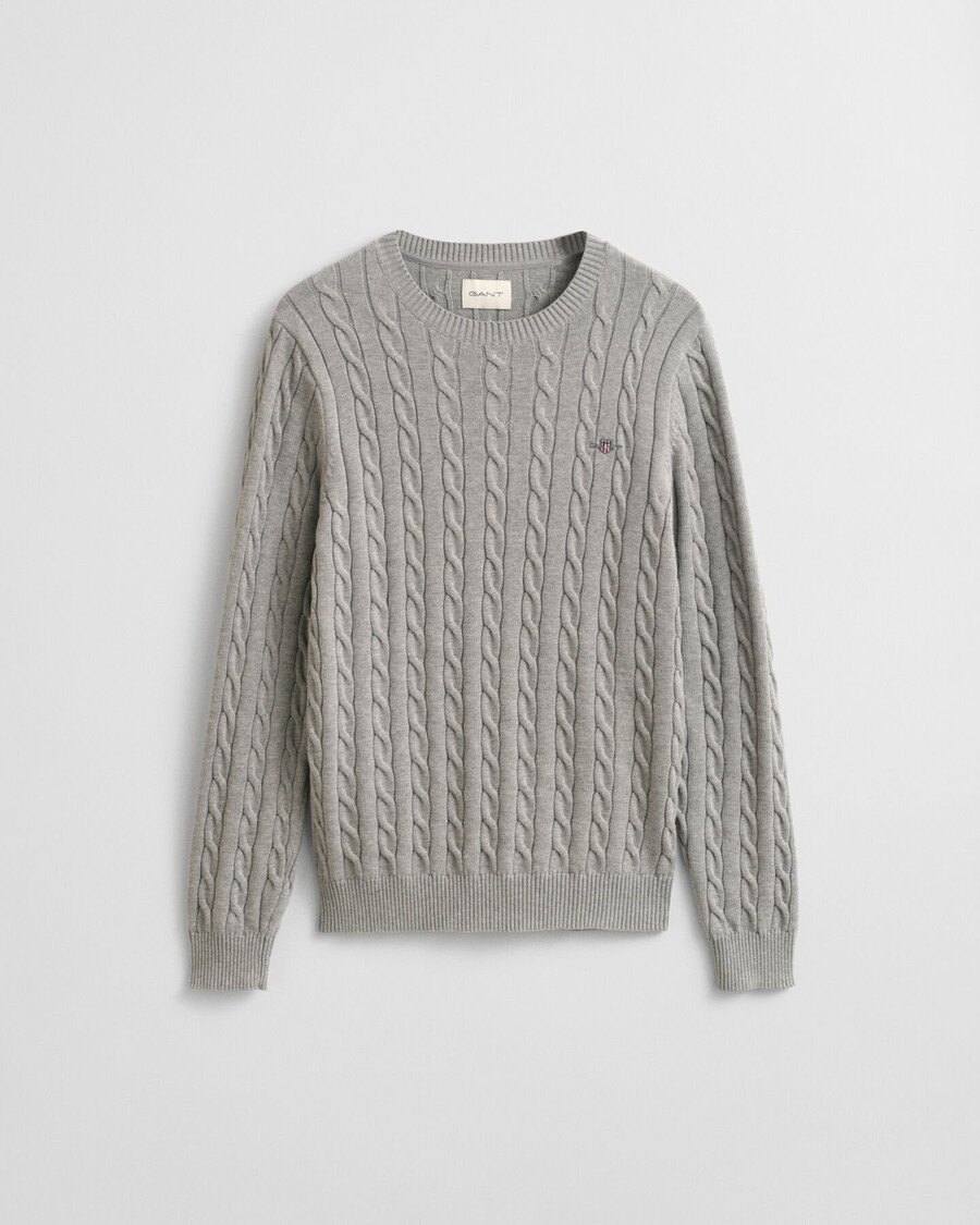 suéter de cuello redondo de punto trenzado de algodón - gris jaspeado