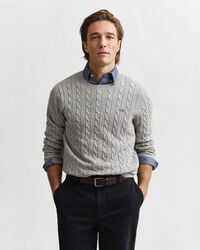 suéter de cuello redondo de punto trenzado de algodón - gris jaspeado