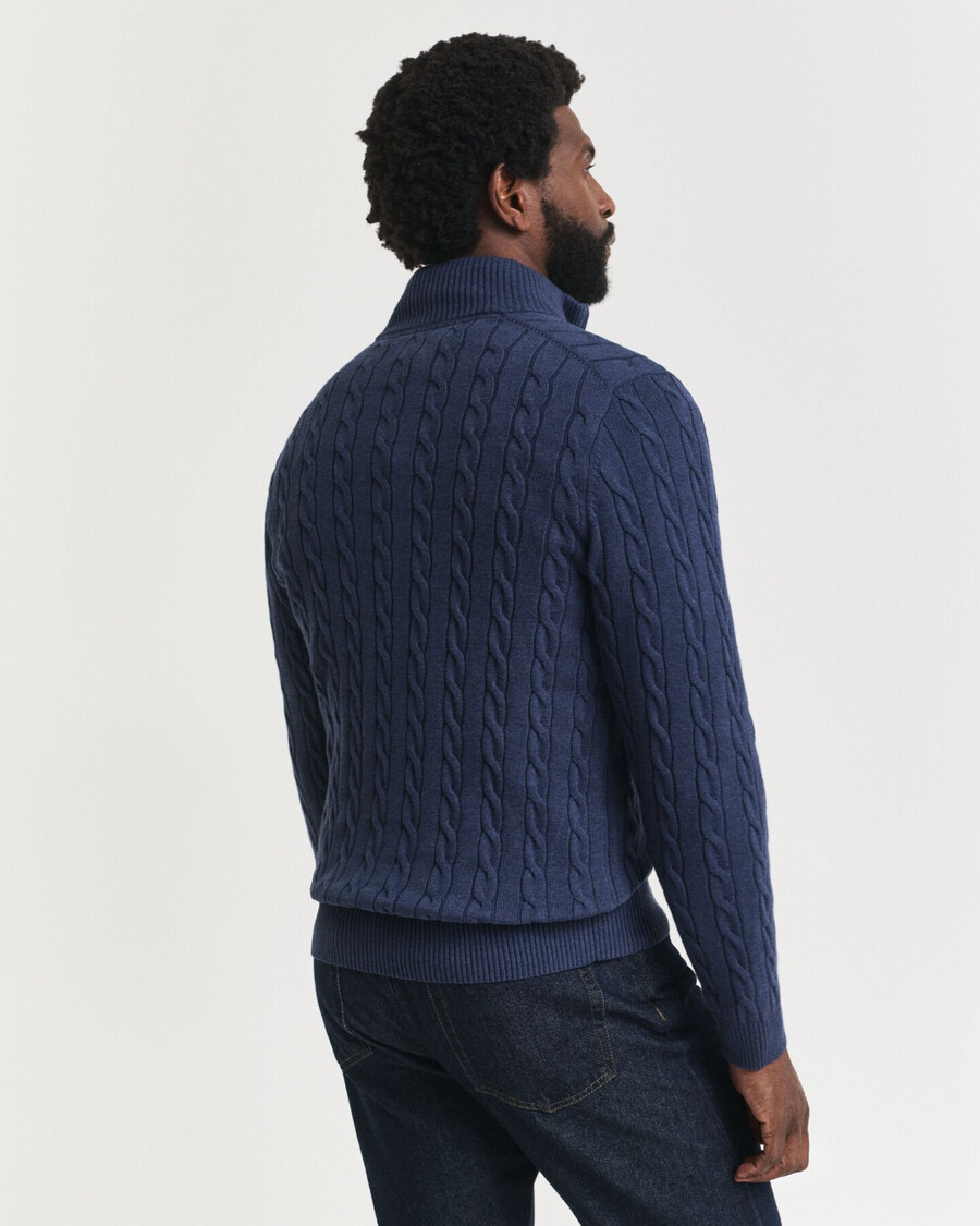suéter de punto trenzado de algodón con media cremallera - dk jeansblue melange