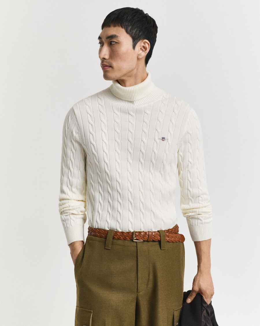 suéter de cuello alto de punto trenzado de algodón - crema