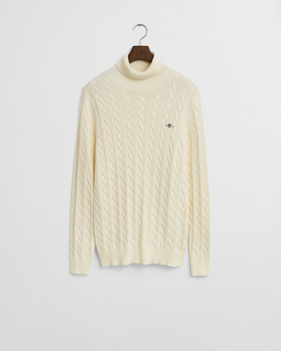 suéter de cuello alto de punto trenzado de algodón - crema