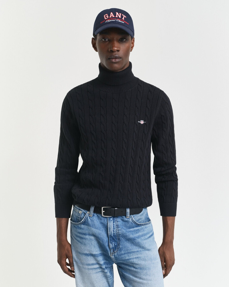 suéter de cuello alto de punto trenzado de algodón - negro