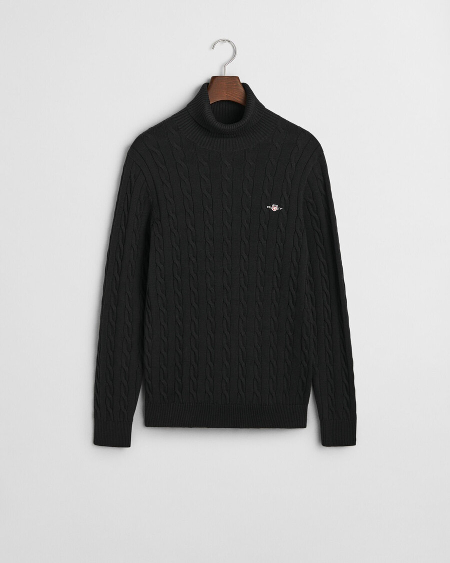 suéter de cuello alto de punto trenzado de algodón - negro