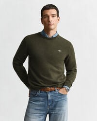 suéter de cuello redondo de lana de cordero superfina - caqui verde jaspeado