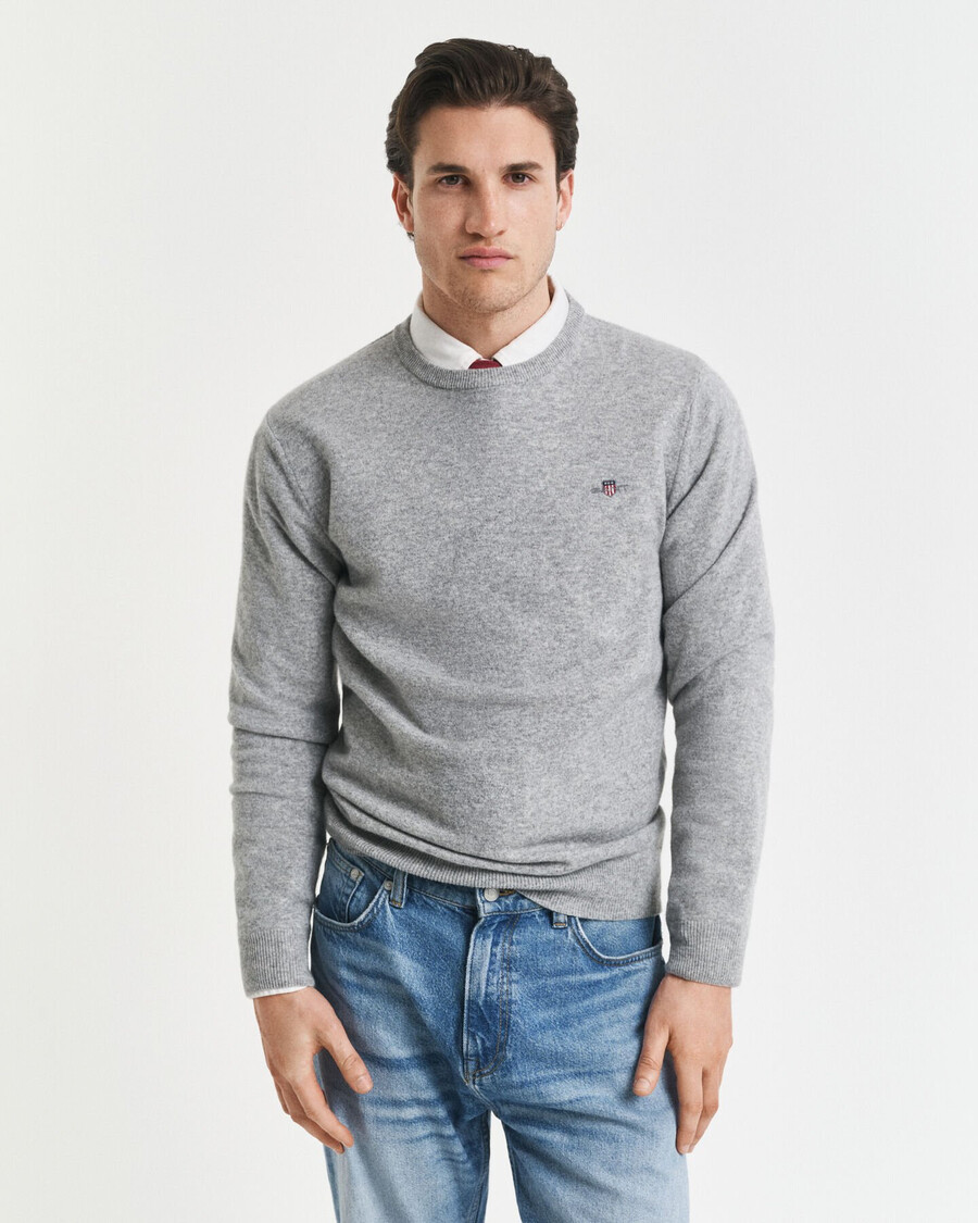 suéter de cuello redondo de lana de cordero superfina - gris jaspeado