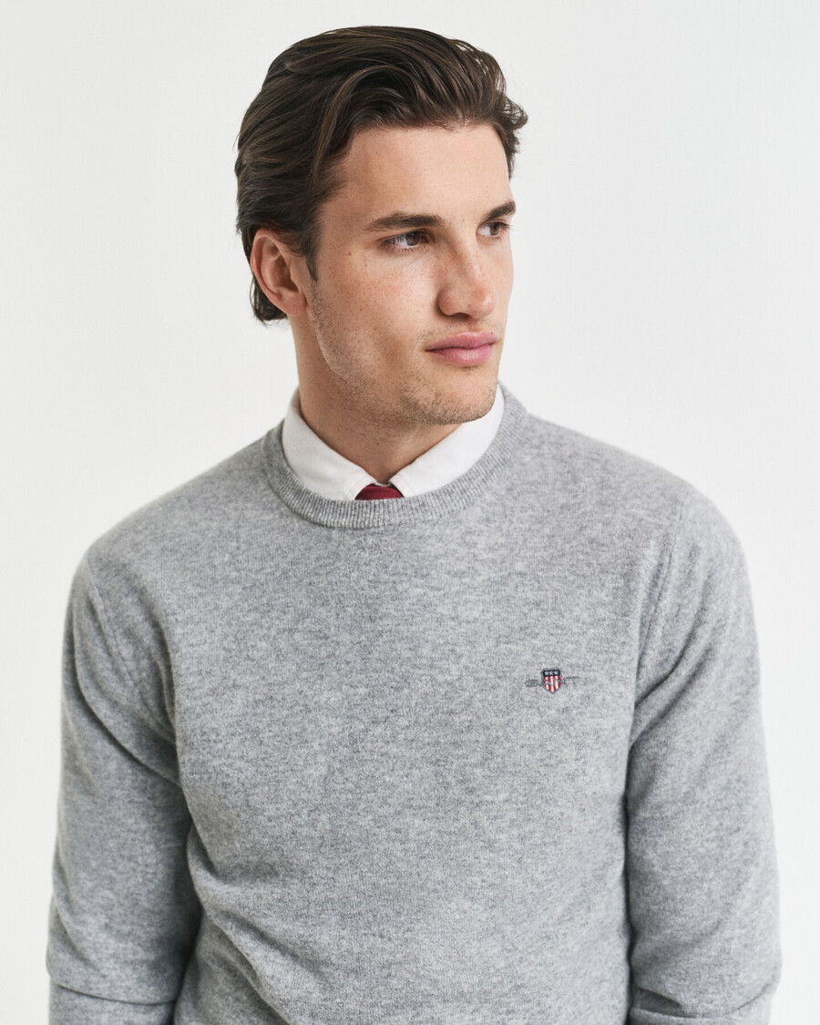 suéter de cuello redondo de lana de cordero superfina - gris jaspeado