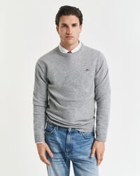 suéter de cuello redondo de lana de cordero superfina - gris jaspeado