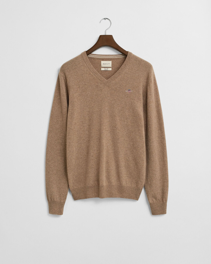 suéter de cuello en v de lana de cordero superfina - dk sand melange