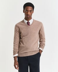 suéter de cuello en v de lana de cordero superfina - dk sand melange