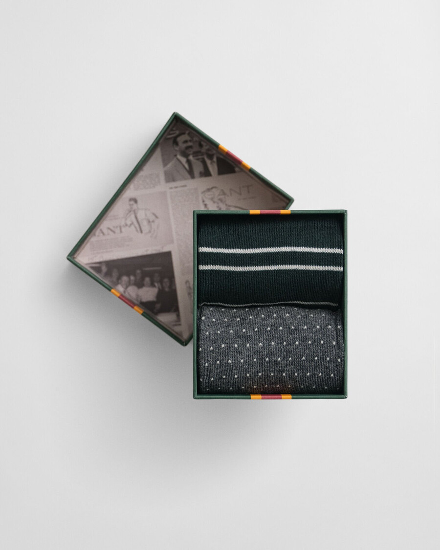 caja de regalo con 2 pares de calcetines de rayas y lunares - verde tartán