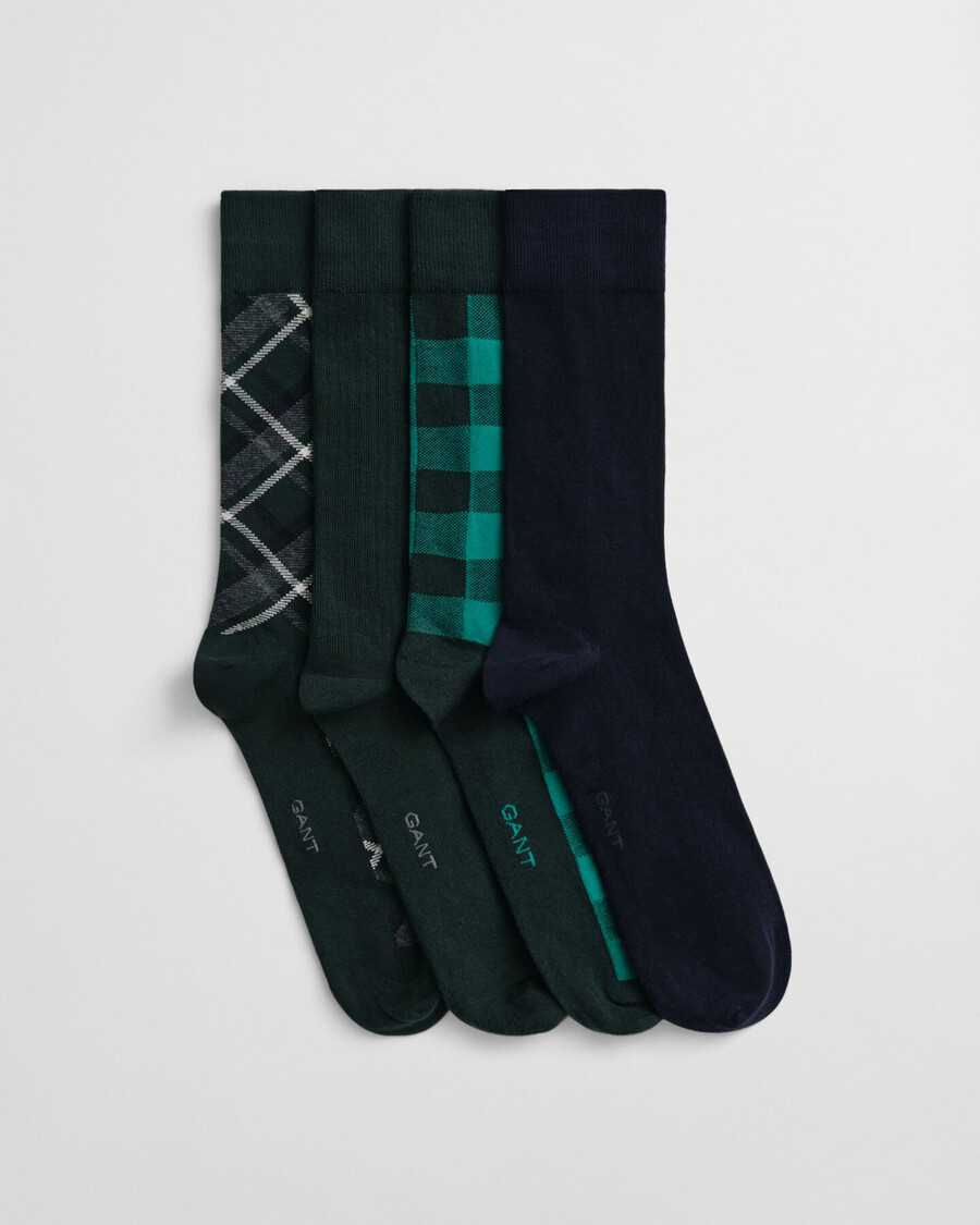 caja de regalo con 4 pares de calcetines a cuadros y lisos - verde tartán