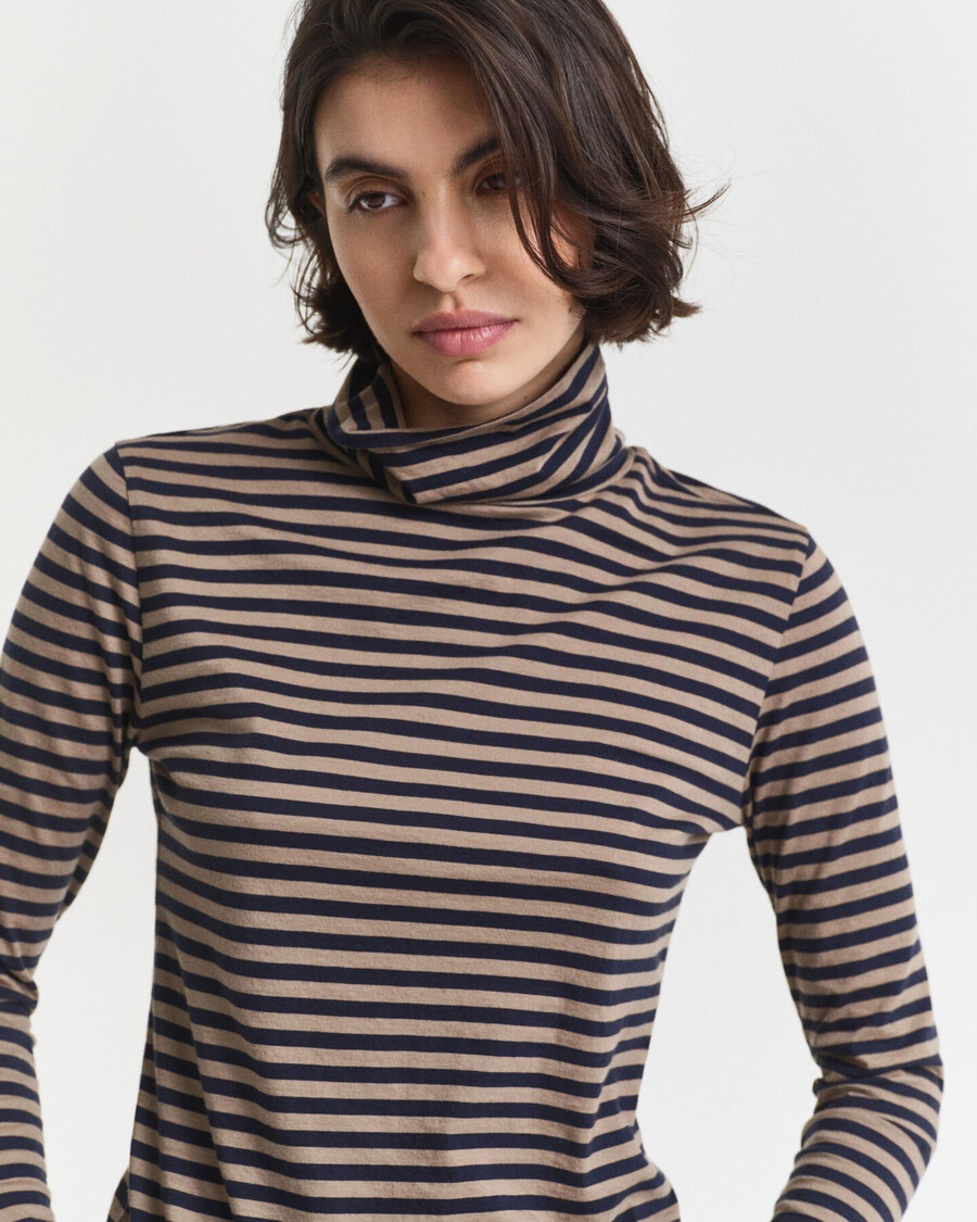 top ligero de cuello alto de algodón a rayas - beige topo