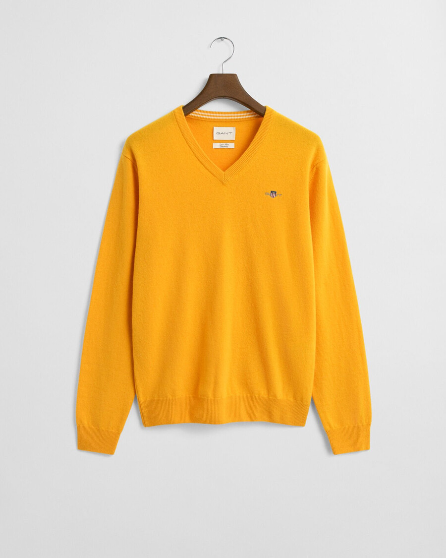 suéter de cuello en v de lana de cordero superfina - liquen amarillo