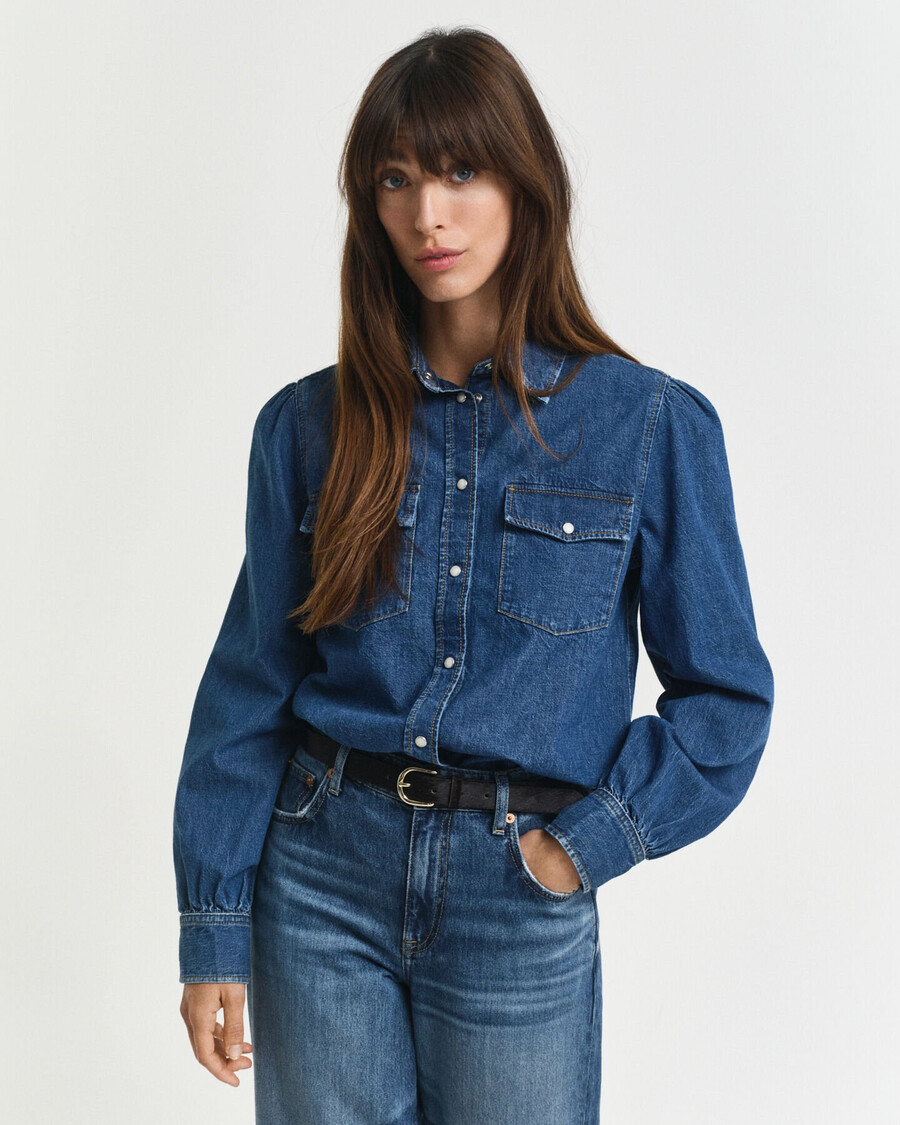 camisa vaquera de corte regular con mangas abullonadas - Índigo