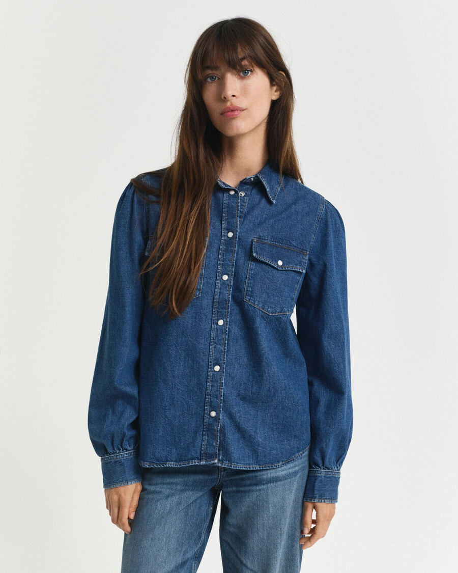 camisa vaquera de corte regular con mangas abullonadas - Índigo
