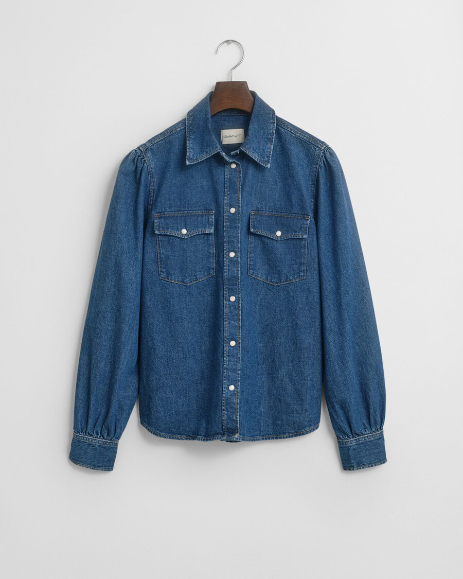 camisa vaquera de corte regular con mangas abullonadas - Índigo