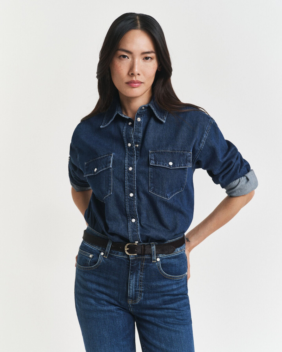 camisa vaquera de corte relajado con bolsillo - azul oscuro desgastado