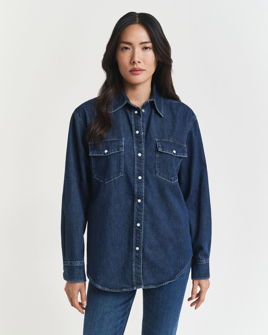 camisa vaquera de corte relajado con bolsillo - azul oscuro desgastado