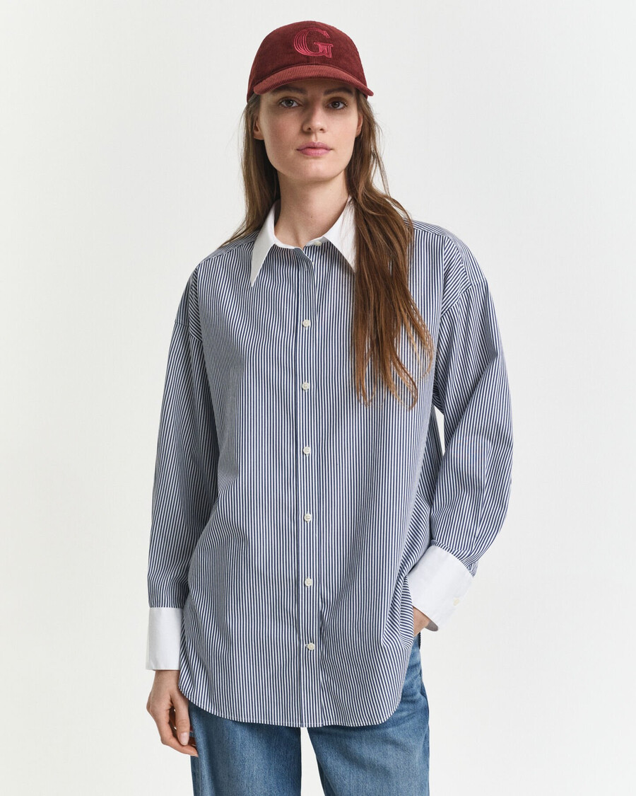 camisa de rayas oversize con cuello en contraste - azul persa