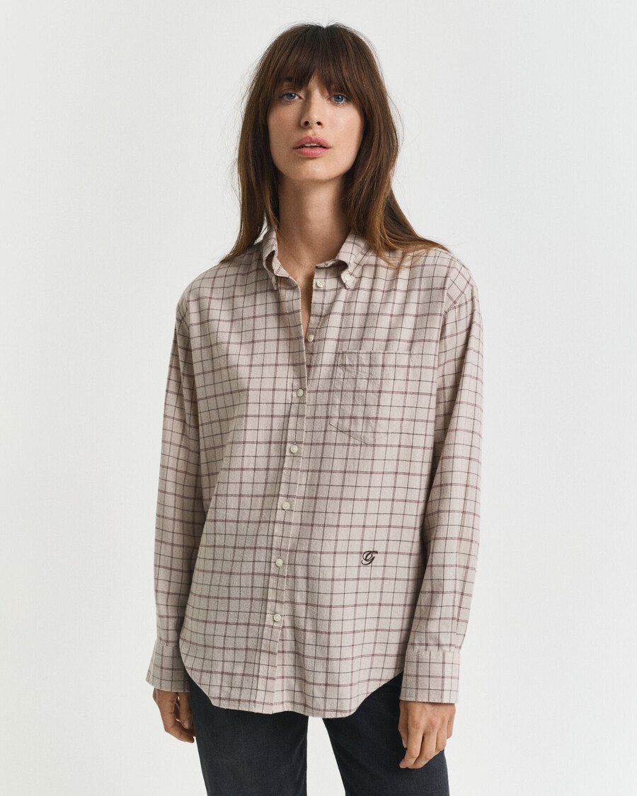 camisa de franela cepillada a cuadros de corte relajado - vino ciruela