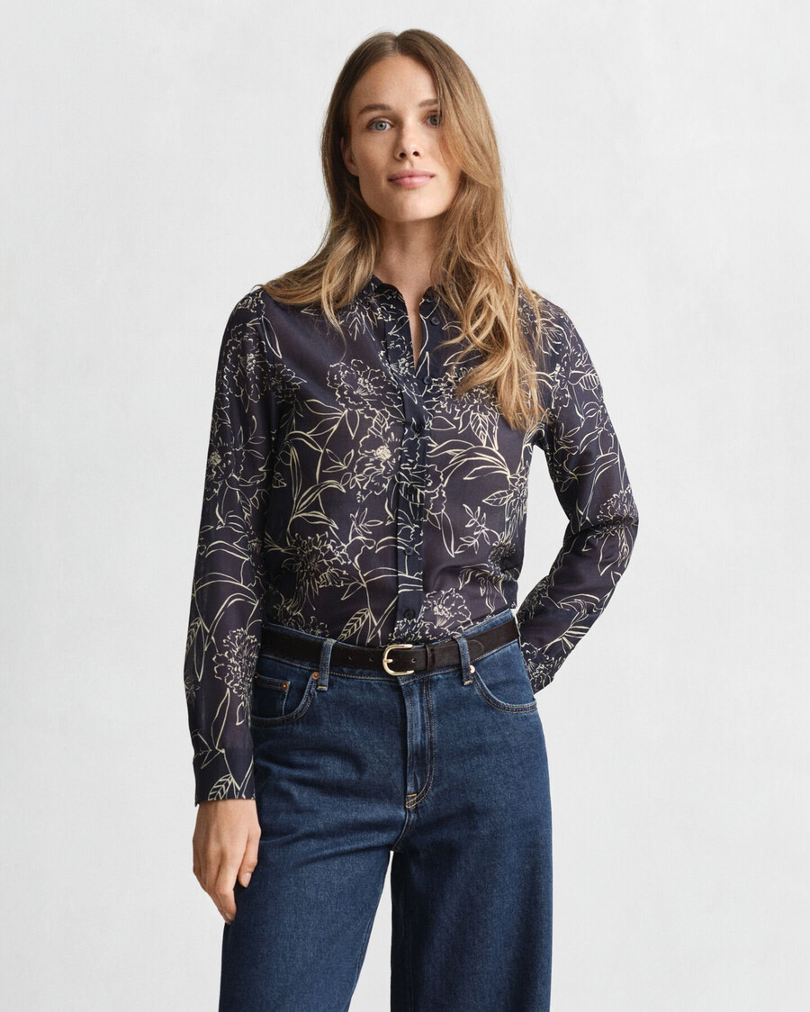camisa de algodón y seda con estampado floral de corte regular - azul noche