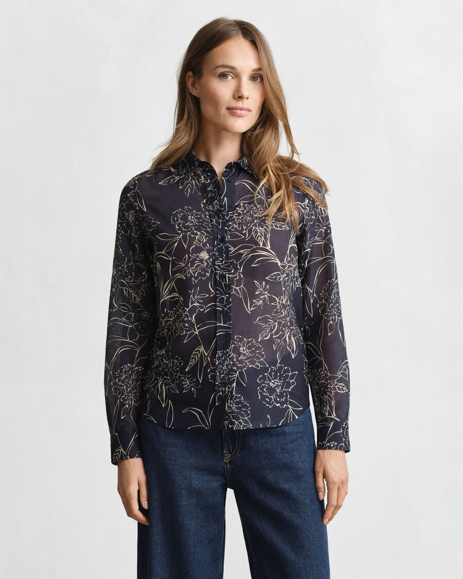camisa de algodón y seda con estampado floral de corte regular - azul noche