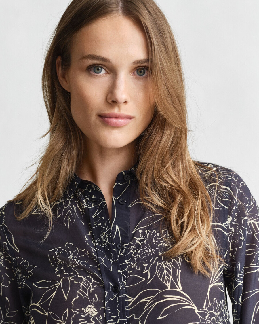 camisa de algodón y seda con estampado floral de corte regular - azul noche