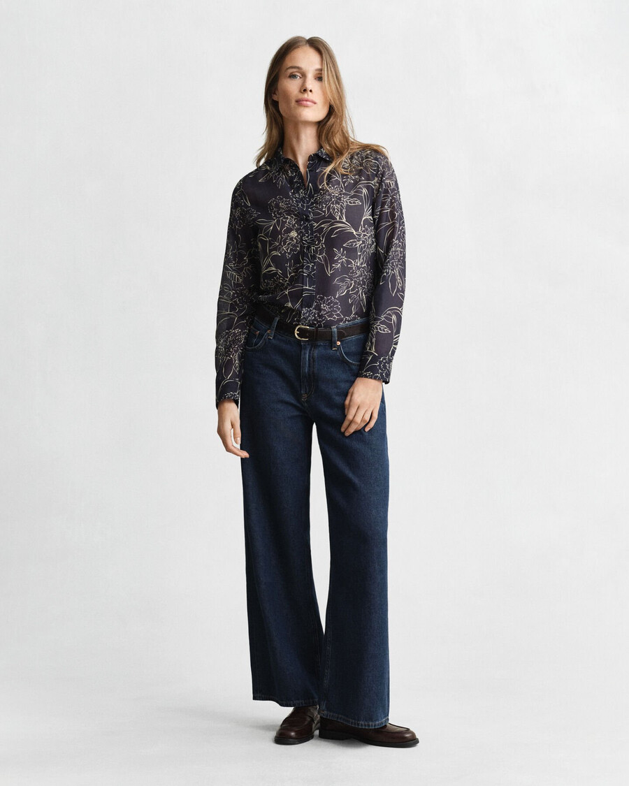 camisa de algodón y seda con estampado floral de corte regular - azul noche