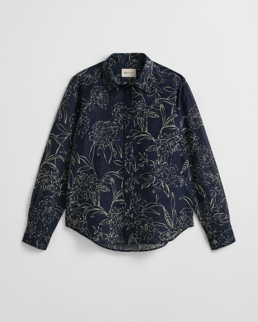 camisa de algodón y seda con estampado floral de corte regular - azul noche