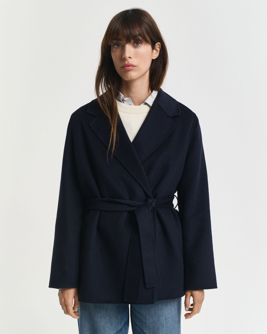 chaqueta con cinturón cosida a mano - azul noche